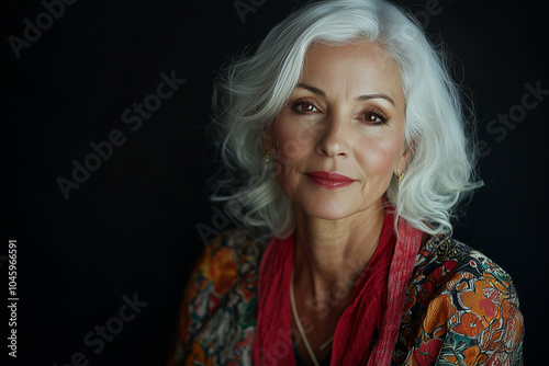 spanish woman, photo of a beautiful middle-aged woman with white hair