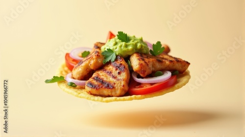 Grilled chicken taco topped with fresh guacamole, tomatoes, and onions on a yellow background.