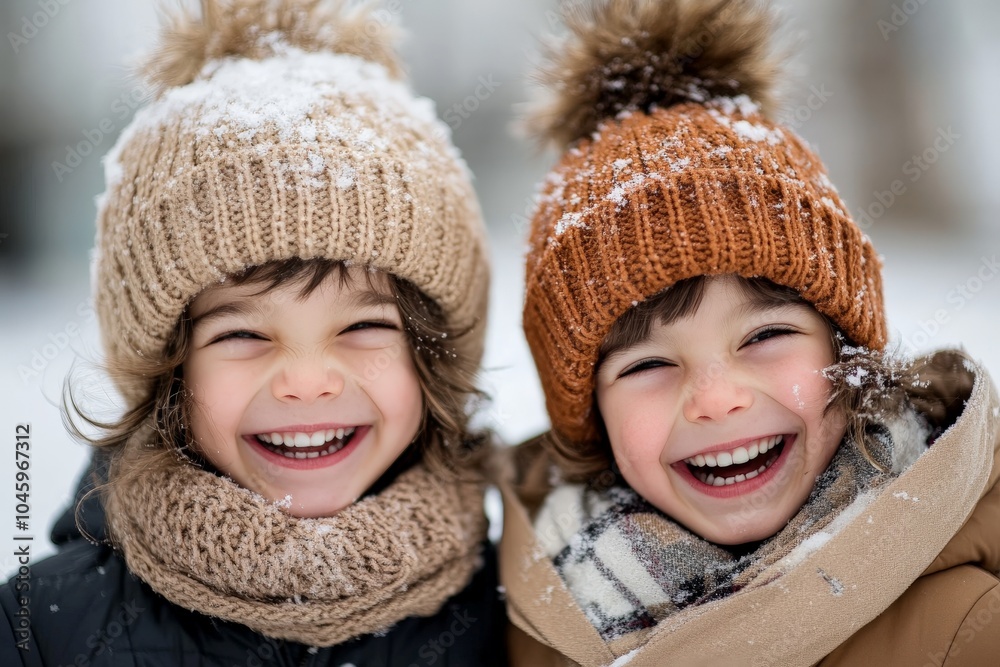 Two children, wearing fluffy hats and scarves, laugh heartily in a snowy park, basking in the joy of winter and illustrating pure childhood happiness. Two children, wearing fluffy hats and scarves, laugh heartily in a snowy park, basking in the joy of winter and illustrating pure childhood happiness.