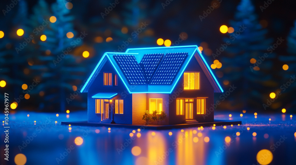 Modern House with Solar Panels and Warm Lights at Night Modern House with Solar Panels and Warm Lights at Night