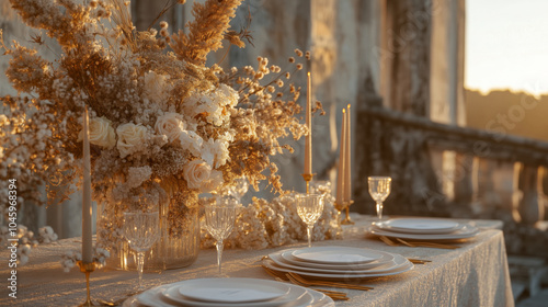 A beautifully decorated outdoor table with white roses and dry flowers and candles