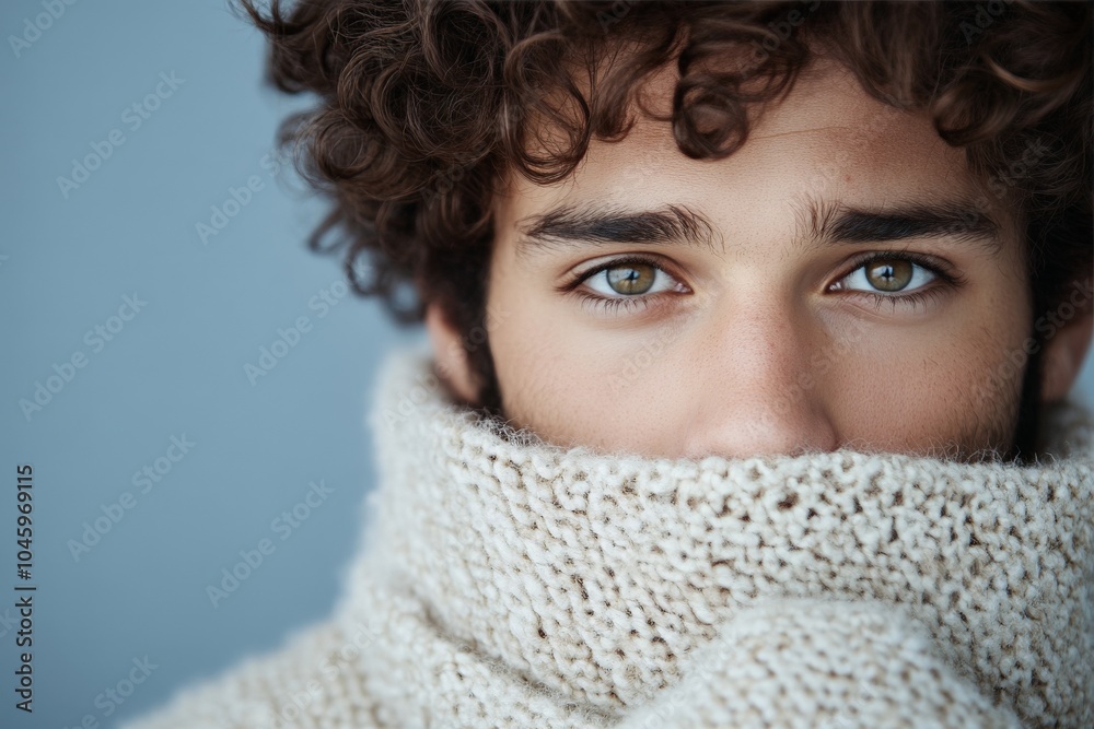 Intimate close-up of a man's face, highlighting his deep eyes and curly hair, wrapped in a chunky beige knit sweater, exuding warmth and introspection. Intimate close-up of a man's face, highlighting his deep eyes and curly hair, wrapped in a chunky beige knit sweater, exuding warmth and introspection.