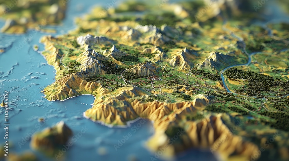 A 3D relief map of France, showcasing elevations and geographic features in stunning detail A 3D relief map of France, showcasing elevations and geographic features in stunning detail