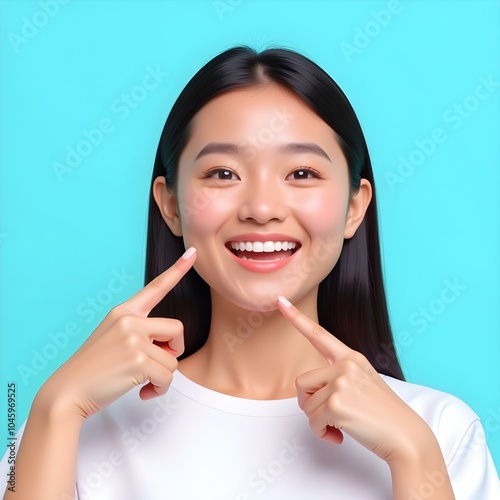 Young smiling satisfied happy woman she wearing white top shirt casual clothes point index fingers on opened mouth teeth isolated on plain pastel light blue cyan background studio. Lifestyle concept