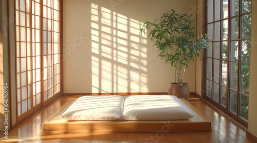 Japanese Style Room with Futon Bed Wooden Floor and Window Sunlight