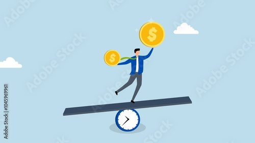 Time value of money, 4k animation of Business investor holding various coins of different sizes on a clock shaped seesaw.