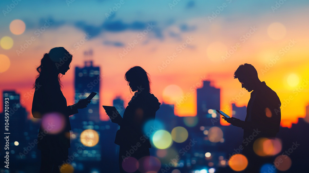 Silhouettes of People Using Devices at Sunset in Cityscape