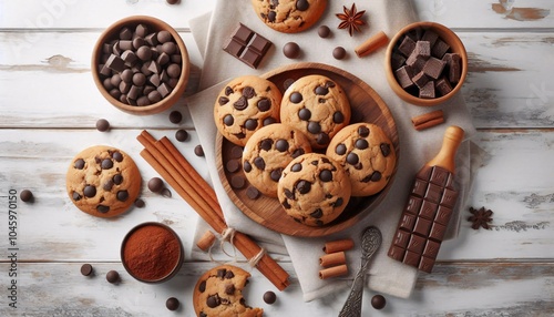 Flat lay of chocolate chip cookies corner on white background