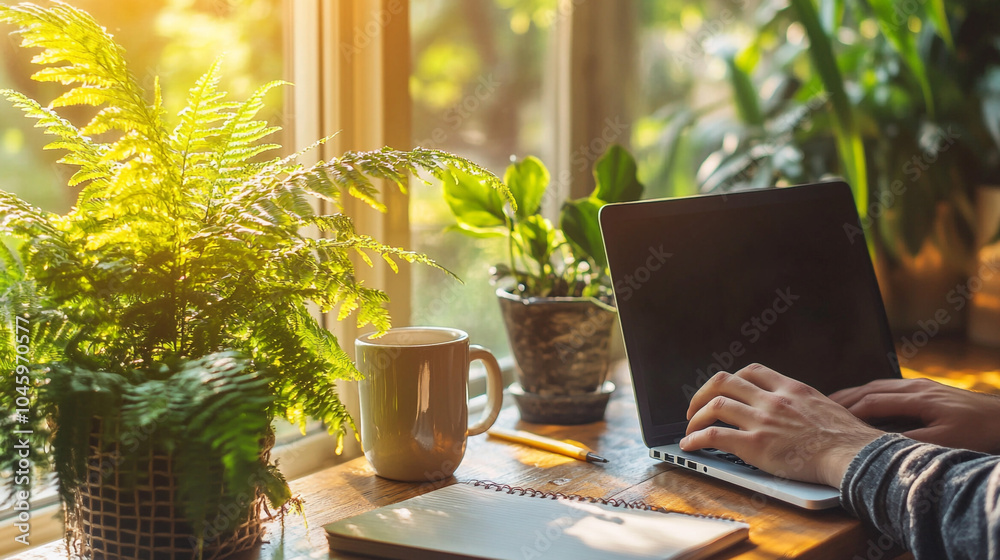 Laptop Coffee Notebook Plants Window Sunlight Working From Home Cozy Office Home O Laptop Coffee Notebook Plants Window Sunlight Working From Home Cozy Office Home O