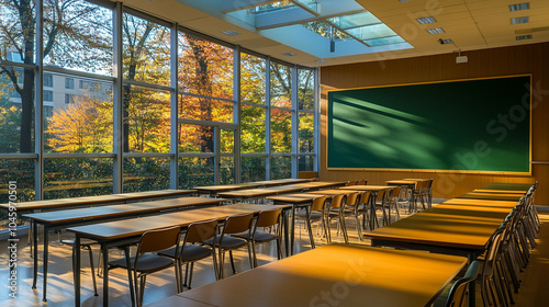 Empty Classroom with Large Windows and Green Chalkboard