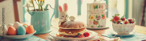 A table with a large cake with a rabbit on top, strawberries, and eggs photo