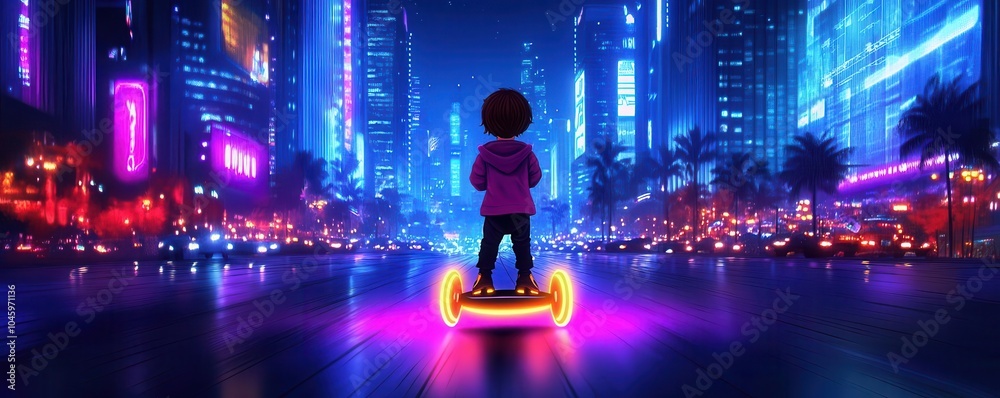 Toddler riding a glowing hoverboard, surrounded by sleek futuristic buildings, city lights in the background, Sci-fi, Neon, Illustration