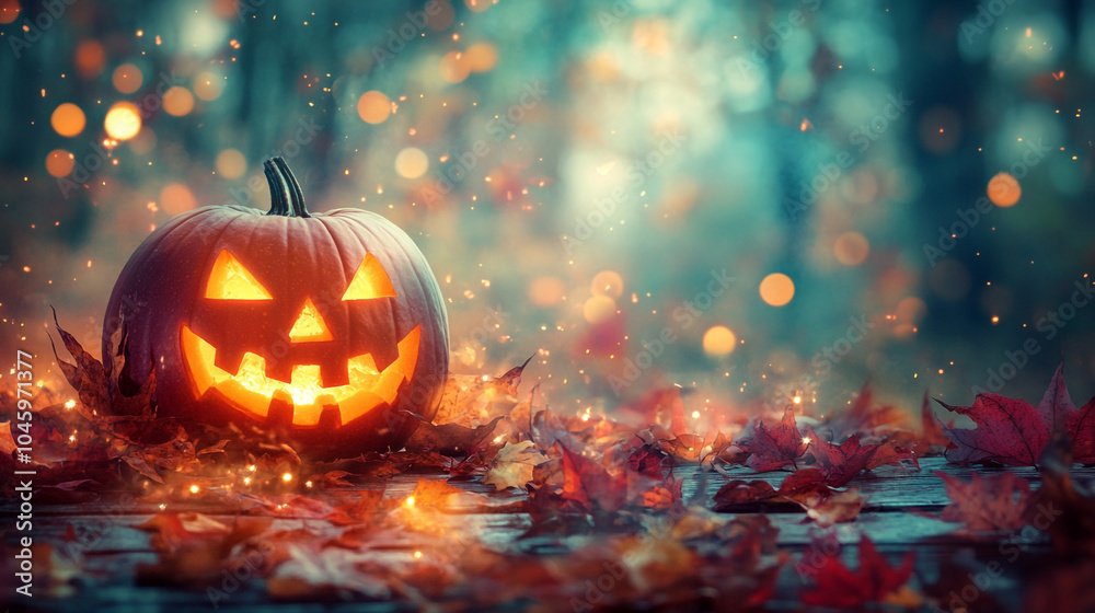 Halloween Jack o Lantern with Glowing Lights and Autumn Leaves Halloween Jack o Lantern with Glowing Lights and Autumn Leaves