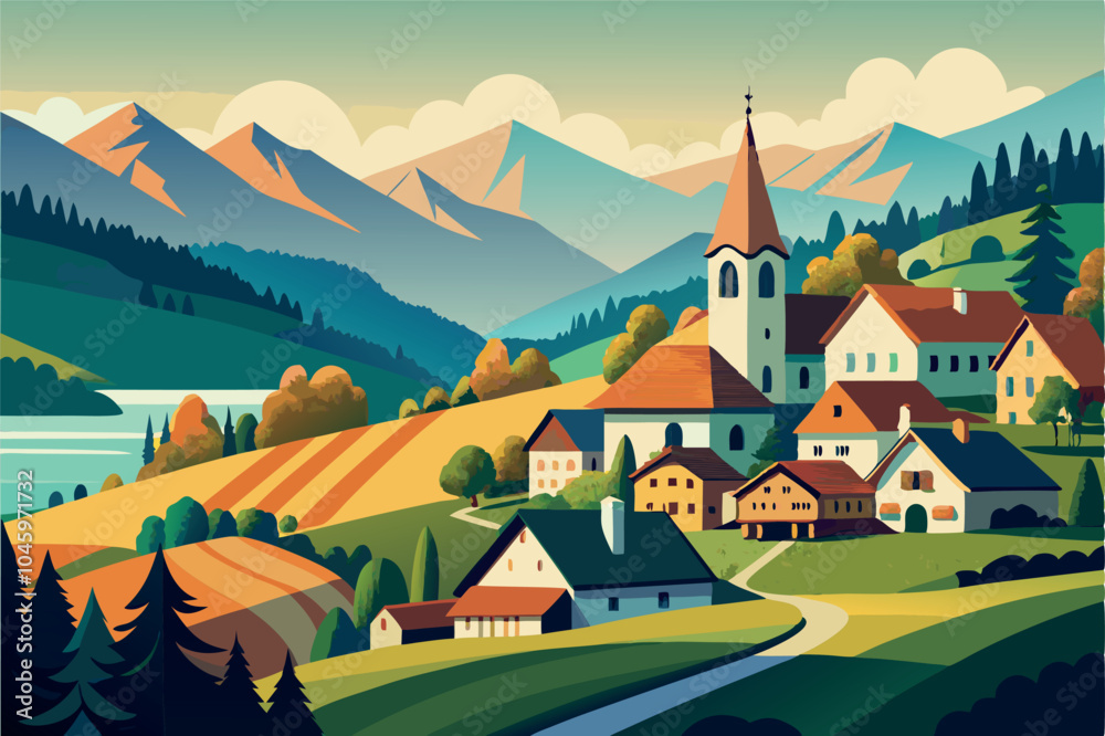 Naklejka premium Small old town located amidst mountains and hills vector flat illustration
