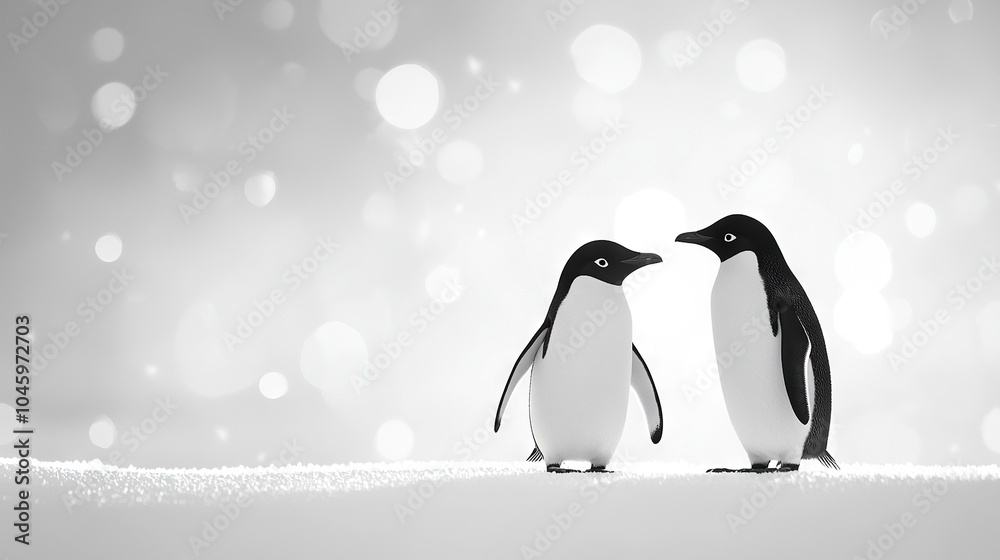 Fototapeta premium A pair of penguins perched atop a snowy ground amidst falling snowflakes