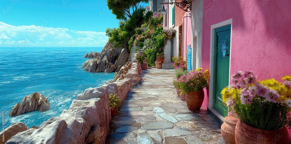 Fototapeta premium Seaside stroll: vibrant street in Italy lined with colorful flowers, opening to breathtaking view of sea, showcasing idyllic fusion of Italian culture, scenic beauty, floral elegance.