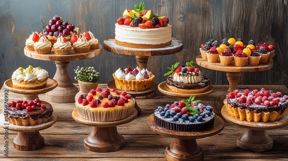 Delicious Dessert Table with Cakes Cupcakes Fruit Toppings Delicious Dessert Table with Cakes Cupcakes Fruit Toppings