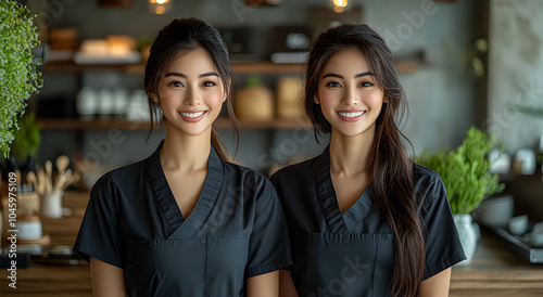 Two Thai attractive masseuses stand in a bright minimalist Thai massage parlor wearing black shirts, smiling welcomingly. Thai massage concept. . photo