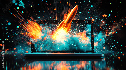 Laptop Explosion with Rocket Digital Innovation Technology and Growth Concept