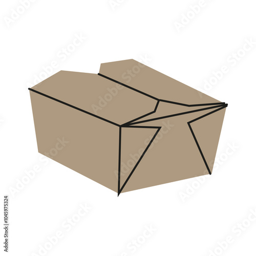 Brown, crumpled takeout container resting on a simple white background in an indoor setting