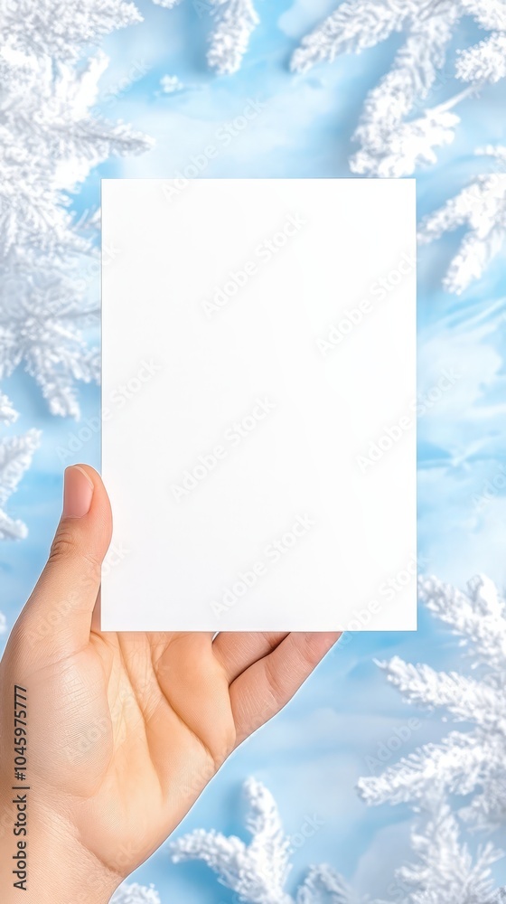 A hand presenting a blank white card, with frosty white branches on a light blue background. Perfect for winter-themed promotions or message inserts. A hand presenting a blank white card, with frosty white branches on a light blue background. Perfect for winter-themed promotions or message inserts.