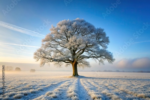 Solitary oak tree covered in frost with misty winter background photo