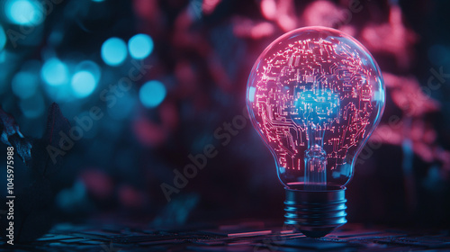 Futuristic Light Bulb with Circuit Board Design and Neon Lights