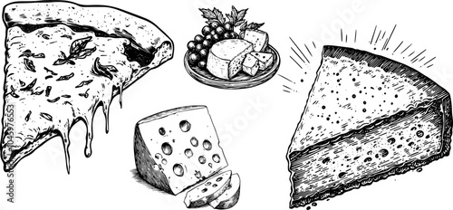 
Vintage vector illustration of an Italian pizza set Parmigiano cheese slices and Cheese Platter.