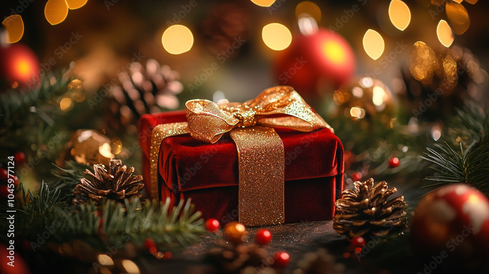 Christmas Gift Box with Golden Bow on Pine Branches Christmas Gift Box with Golden Bow on Pine Branches