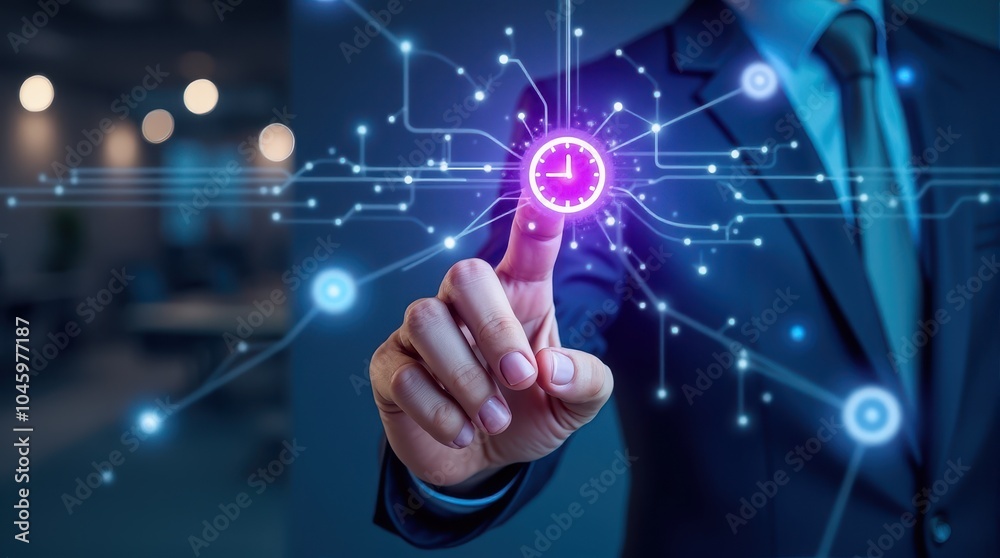 A businessman in a suit interacts with a futuristic digital interface, highlighting a glowing clock symbol amid a network of connected lines. A businessman in a suit interacts with a futuristic digital interface, highlighting a glowing clock symbol amid a network of connected lines.
