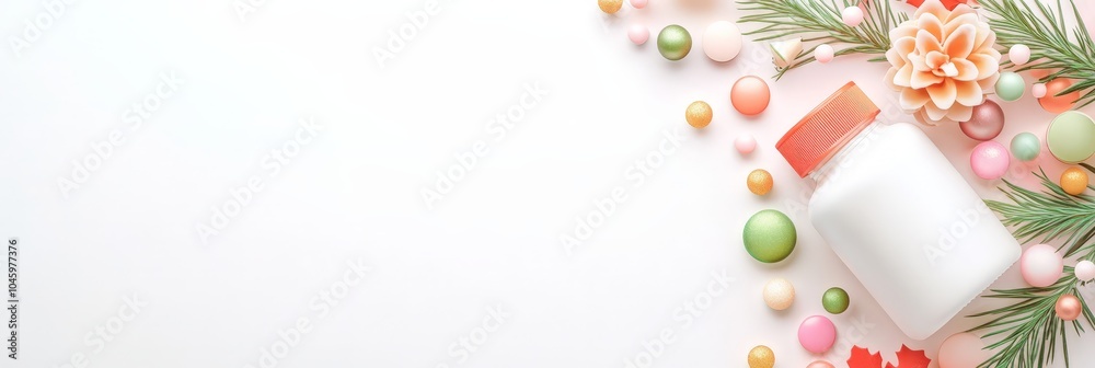 White supplement bottle arranged with pastel-colored holiday ornaments and evergreen branches, perfect for seasonal wellness or product advertisement. White supplement bottle arranged with pastel-colored holiday ornaments and evergreen branches, perfect for seasonal wellness or product advertisement.