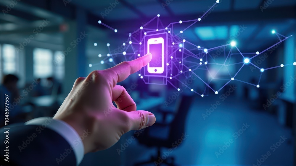 Fototapeta premium A hand reaches towards a glowing digital smartphone icon surrounded by a network of connected nodes in a futuristic office setting.