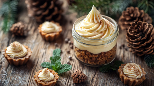 Delicious Creamy Dessert with Cinnamon and Pine Cones on Rustic Wooden Table