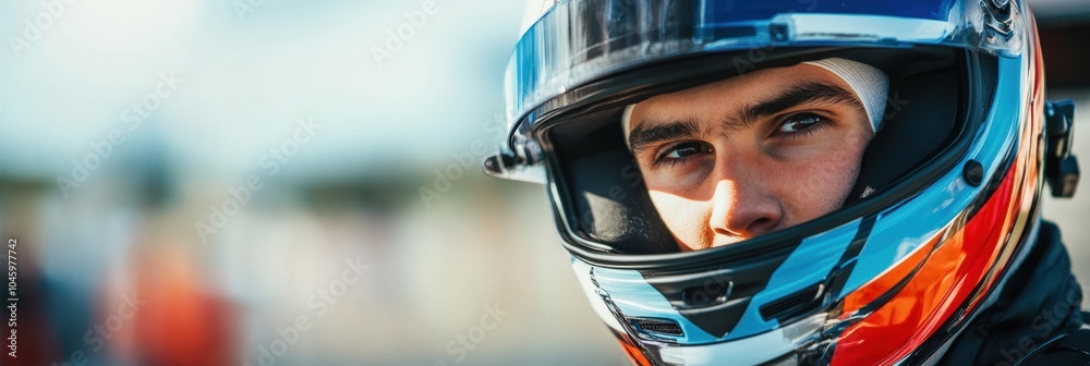 A focused professional racer wearing a helmet looks determined, ready to give his best before the race starts at the circuit. Generative AI