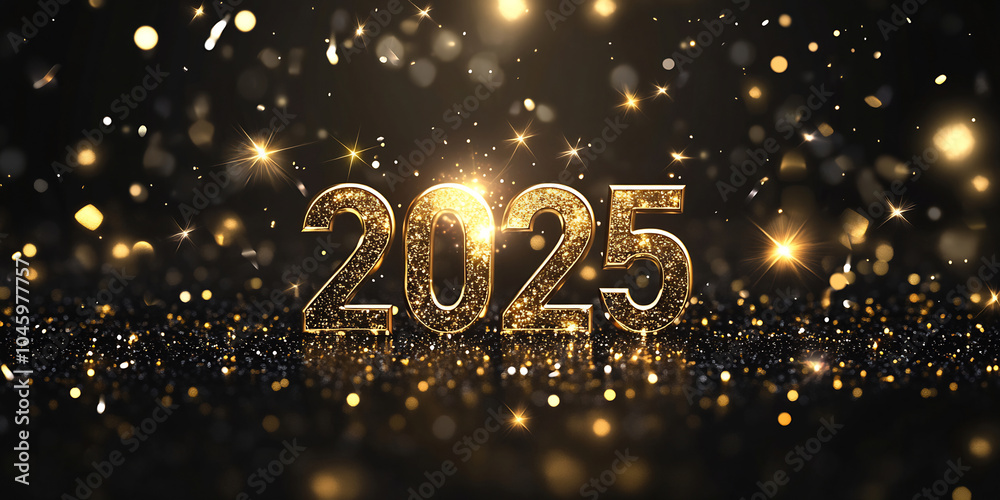 Golden sparkling numbers represent the year 2025 against a dark background adorned with shining stars and glimmering light Golden sparkling numbers represent the year 2025 against a dark background adorned with shining stars and glimmering light