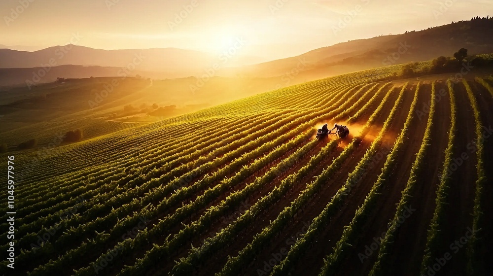 A couple rides on a horse-drawn plow through a lush green field at sunset A couple rides on a horse-drawn plow through a lush green field at sunset