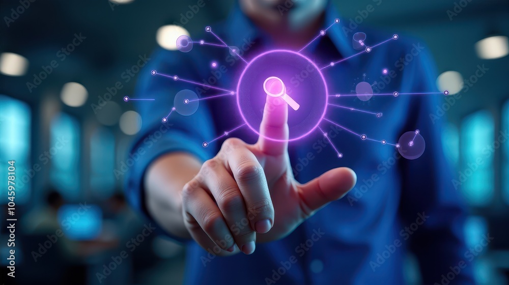 A person interacts with a futuristic digital interface, featuring a magnifying glass icon surrounded by connected nodes, representing advanced search technology. A person interacts with a futuristic digital interface, featuring a magnifying glass icon surrounded by connected nodes, representing advanced search technology.