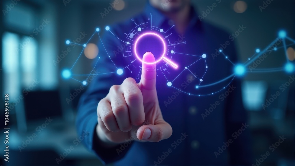 A person interacts with a glowing digital search icon on a futuristic interface, symbolizing technology and innovation. A person interacts with a glowing digital search icon on a futuristic interface, symbolizing technology and innovation.