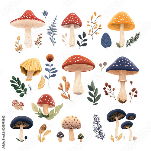 watercolor cute colorful mushroom set, such as fly agaric, porcini and chanterelle isolated on white background, illustration set
