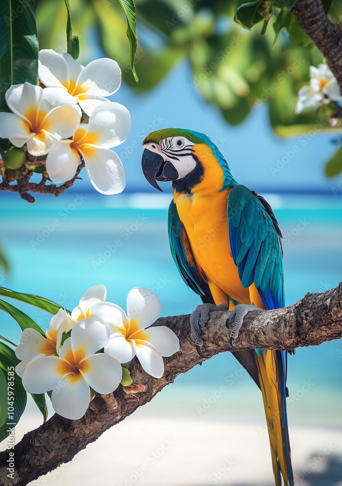 A large beautiful ara macao parrot sits on a tree branch with white frangipani flowers on a background of palm trees, sandy beach and blue ocean A large beautiful ara macao parrot sits on a tree branch with white frangipani flowers on a background of palm trees, sandy beach and blue ocean