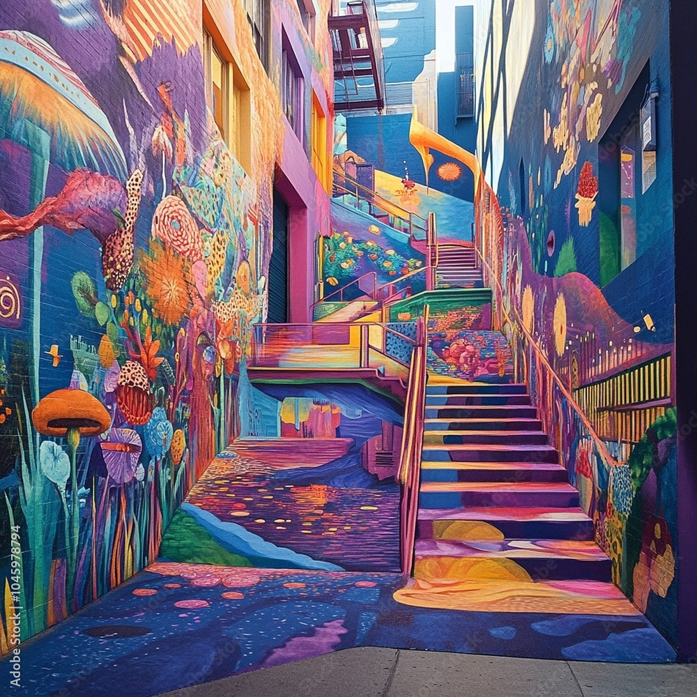 Fototapeta premium A vibrant urban street filled with creative murals and artistic installations, symbolizing inspiration.