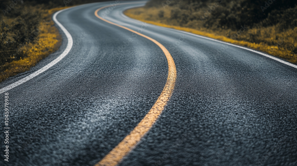 Winding Asphalt Road with Yellow and White Lines in Rural Setting Winding Asphalt Road with Yellow and White Lines in Rural Setting