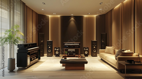 a contemporary music room with a high-end audio system