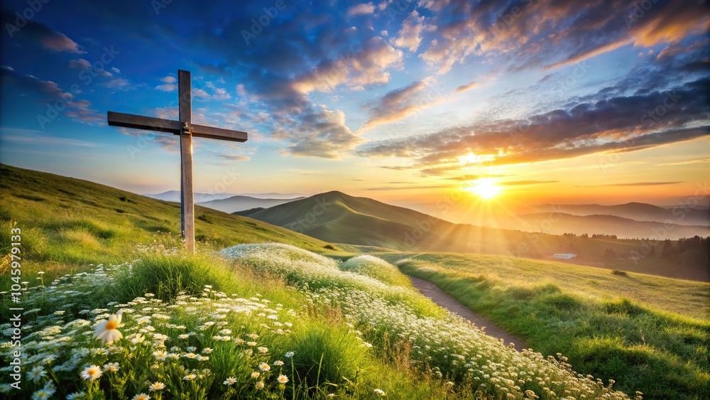 Solitary wooden cross on hill with white flowers and sunrise sky Solitary wooden cross on hill with white flowers and sunrise sky