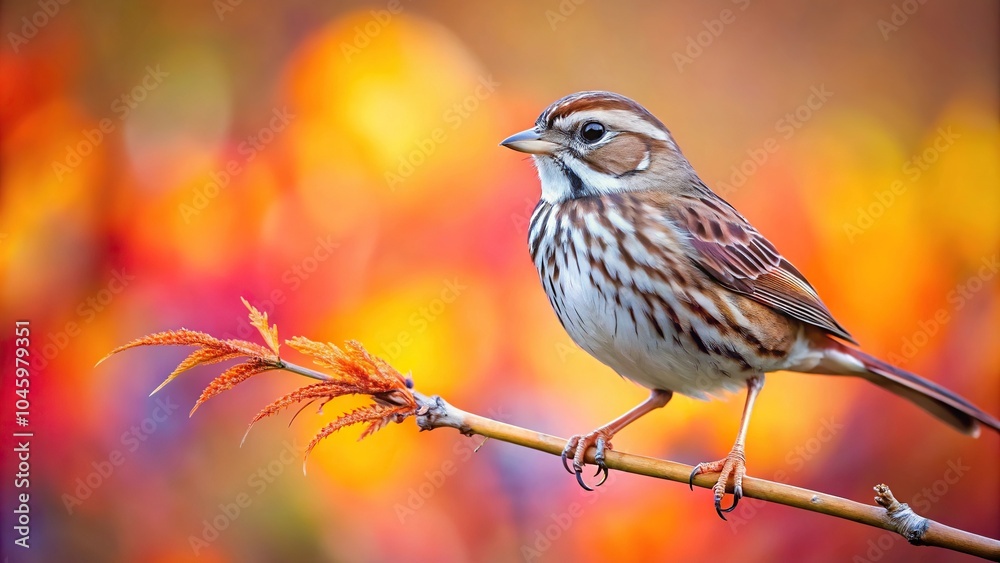 Fototapeta premium song sparrow perching on thin branch with colorful background