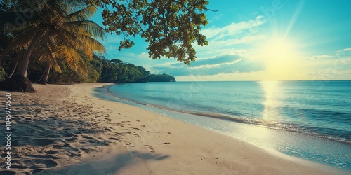 A serene beach scene at sunset with palm trees and gentle ocean waves under a vibrant sky. photo