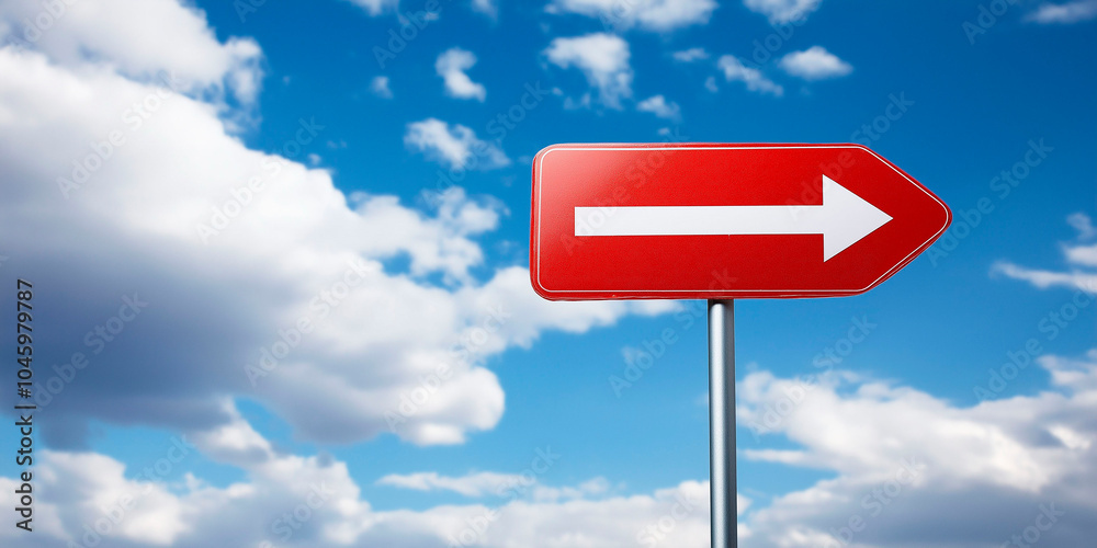 Red directional sign with date on blue background with clouds