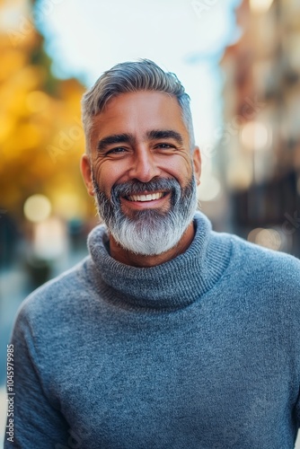 Man with gray hair smiling warmly in an urban outdoor environment, exuding confidence and contentment in casual setting.