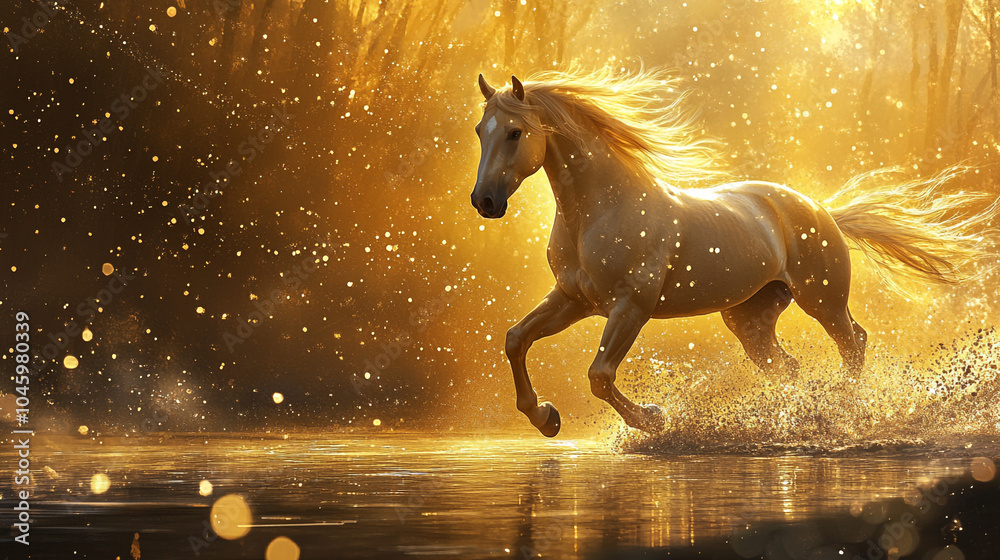 Golden Horse Running Through Water with Sunbeams Golden Horse Running Through Water with Sunbeams