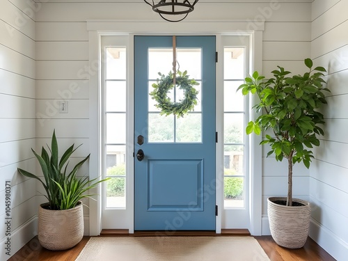 Beautiful coastal home entryway with shiplap walls blue door and natural fiber rug, home interior, decorative style, house beautiful design